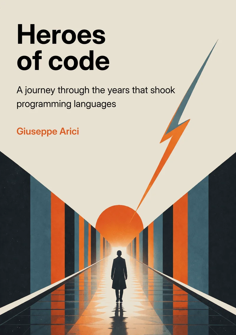 Heroes of code, front cover: the title over a corridor of orange and blue columns, a figure walking towards a low sun, and a lightning bolt across the sky.
