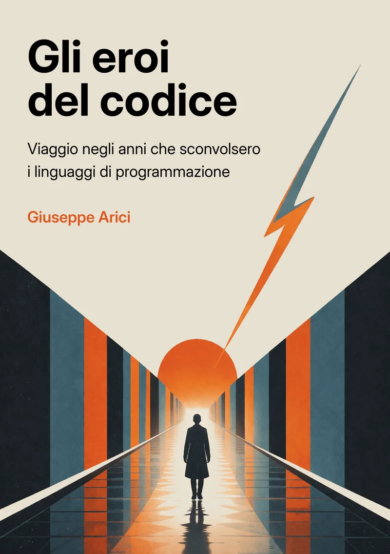 Gli eroi del codice, copertina: il titolo sopra un corridoio di colonne arancioni e blu, una figura che cammina verso un sole basso, e un fulmine che attraversa il cielo.